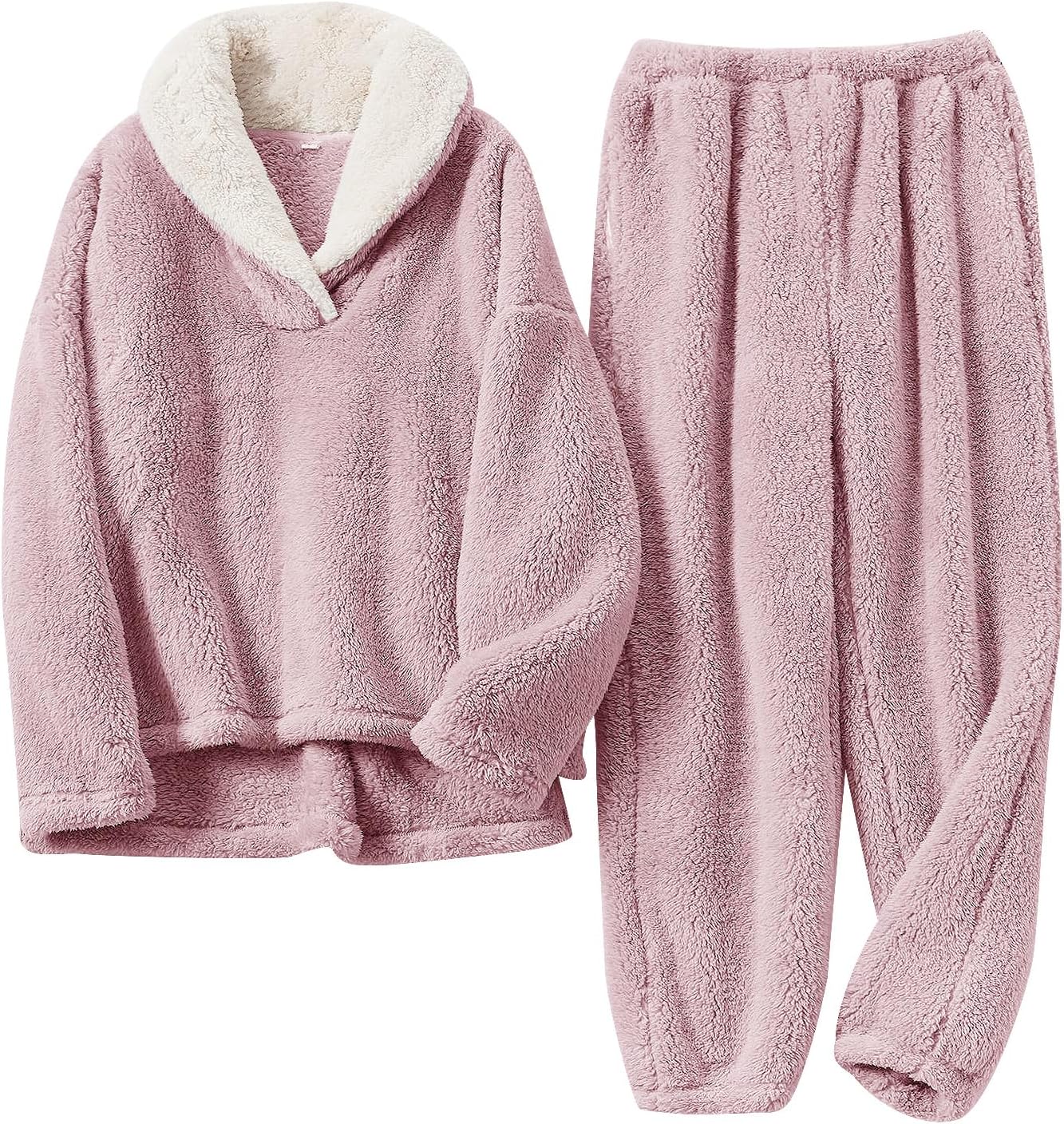 Fluffy Pajamas Set for Women Soft Comfy Fleece Pjs Pullover Pants Loose Plush Sl...