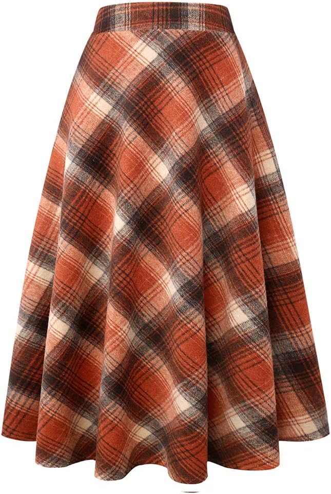 Long Plaid Wool Skirt for Womens Winter Fall Warm High Elastic Waist A line Flar...