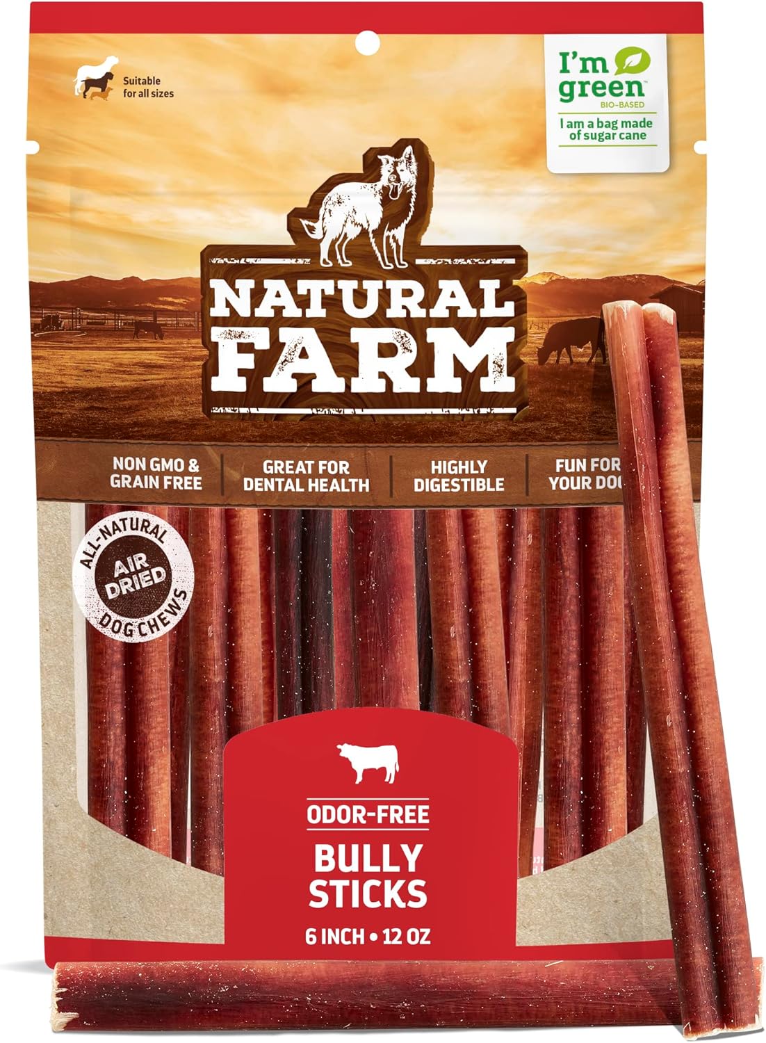 Natural Farm Bully Sticks, Odor-Free, (6 Inch, 12 Ounces), Packaged by Weight, 1...