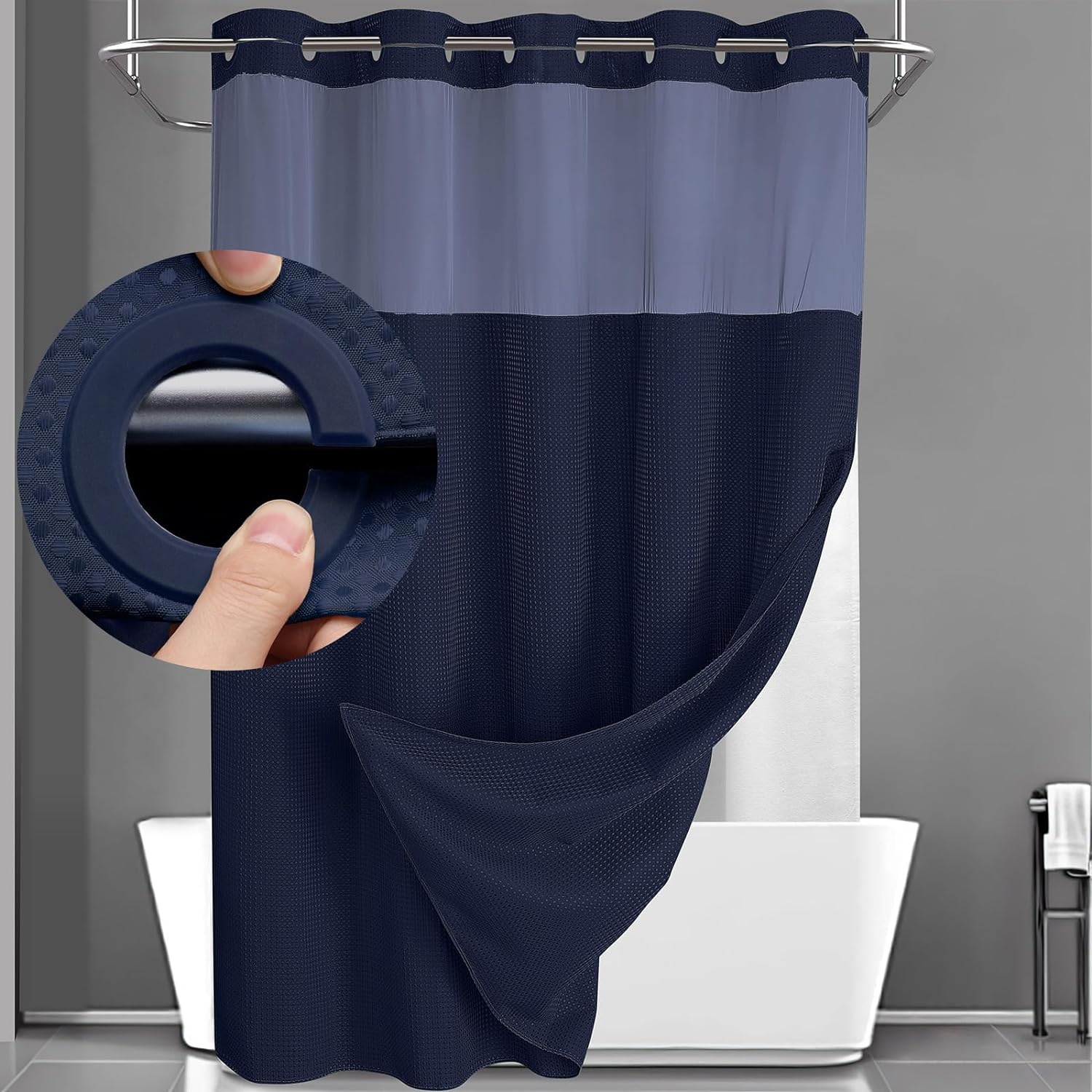 No Hook Shower Curtain with Snap in Liner Set Less Time Navy Blue Waffle Shower...
