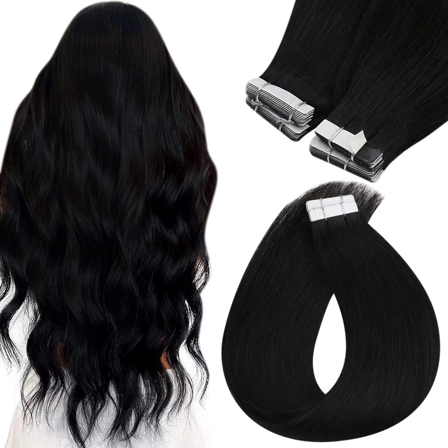 Sunny Hair Black Tape in Hair Extensions Human Hair Tape in Extensions Jet Black...