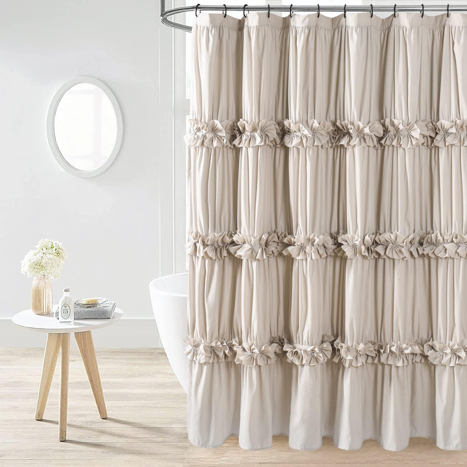 Camel Ruffle Shower Curtain, Vintage Handcrafted Bow Tie Ruched Microfiber Bath...