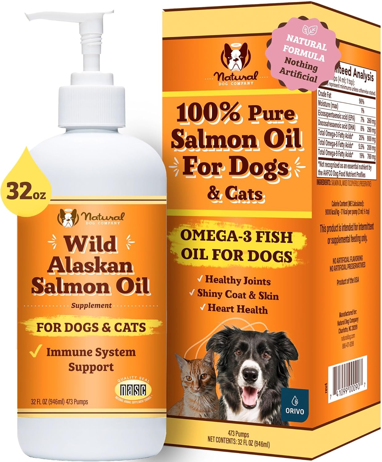 Natural Dog Company Wild-Caught Salmon Oil for Dogs (32oz) with Pump, Omega 3 Fi...