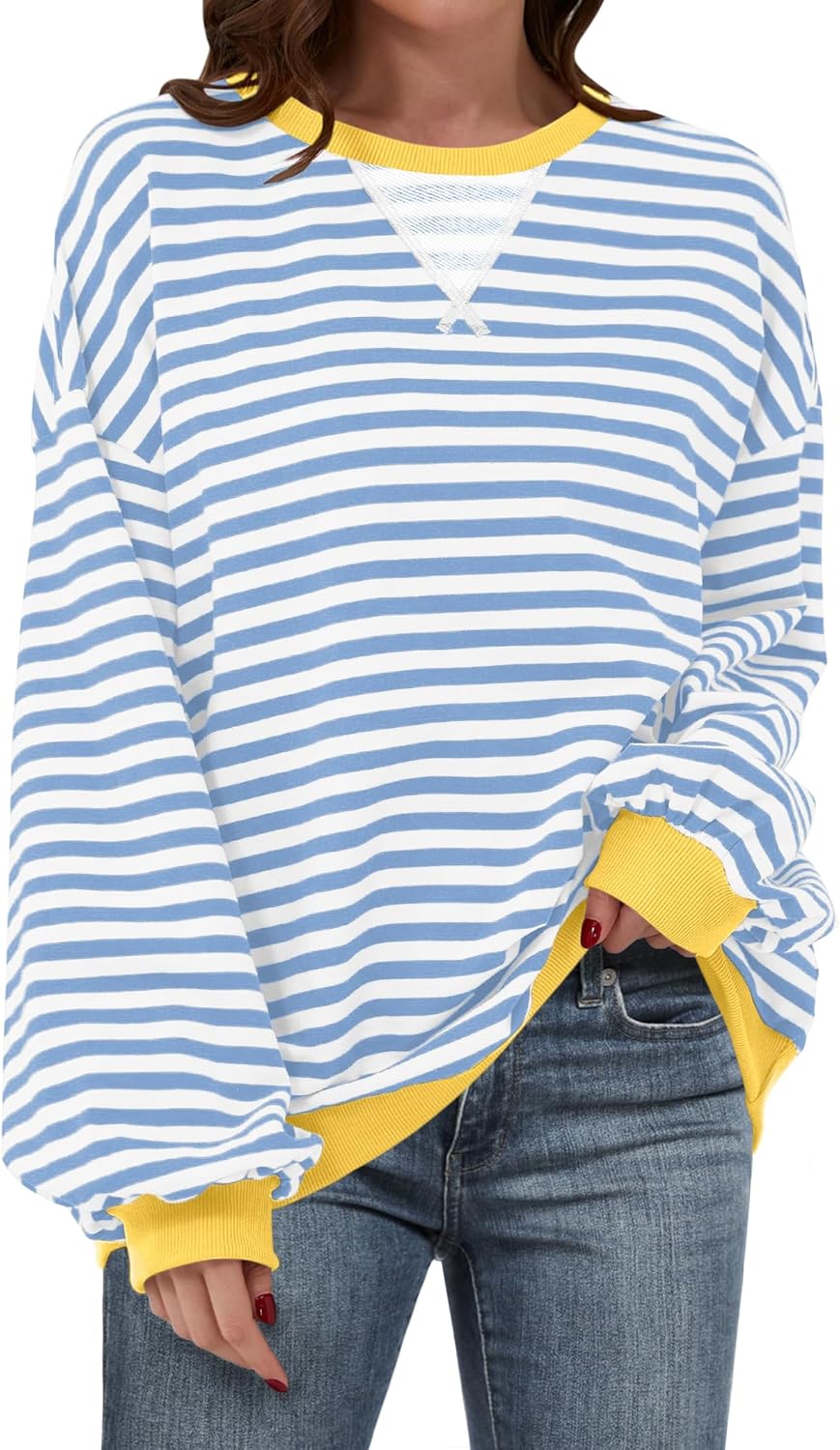 ANRABESS Women Striped Oversized Sweatshirt Long Sleeve Crewneck Shirts 2024 Fal...