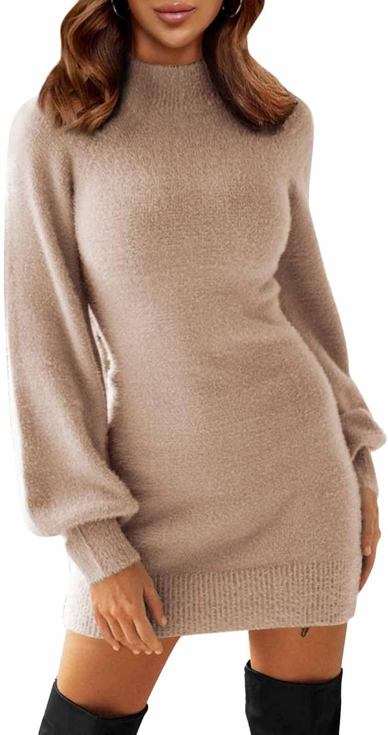 EXLURA Women's 2024 Mock Neck Ribbed Long Sleeve Bodycon Pullover Cute Mini Swea...