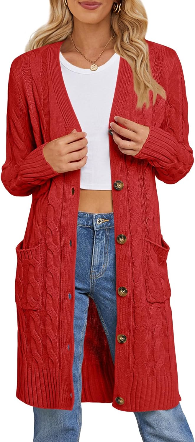 MEROKEETY Women's 2024 Long Sleeve Cable Knit Long Cardigan Open Front Button Sw...