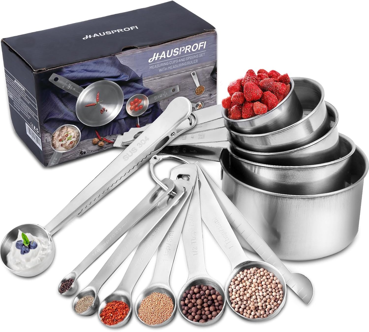 HAUSPROFI Measuring Cups and Spoons Set, 13 Pieces Premium Stainless Steel Measu...