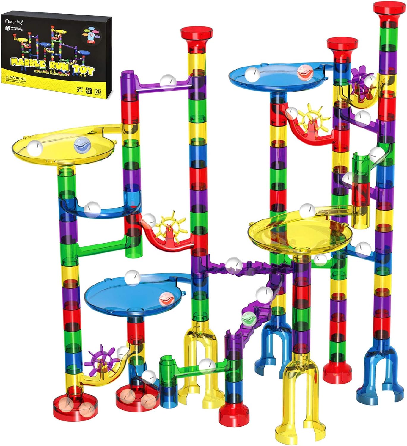Magicfly Marble Run Set, 127 Pcs Marble Race Track for Kids with Glass Marbles U...