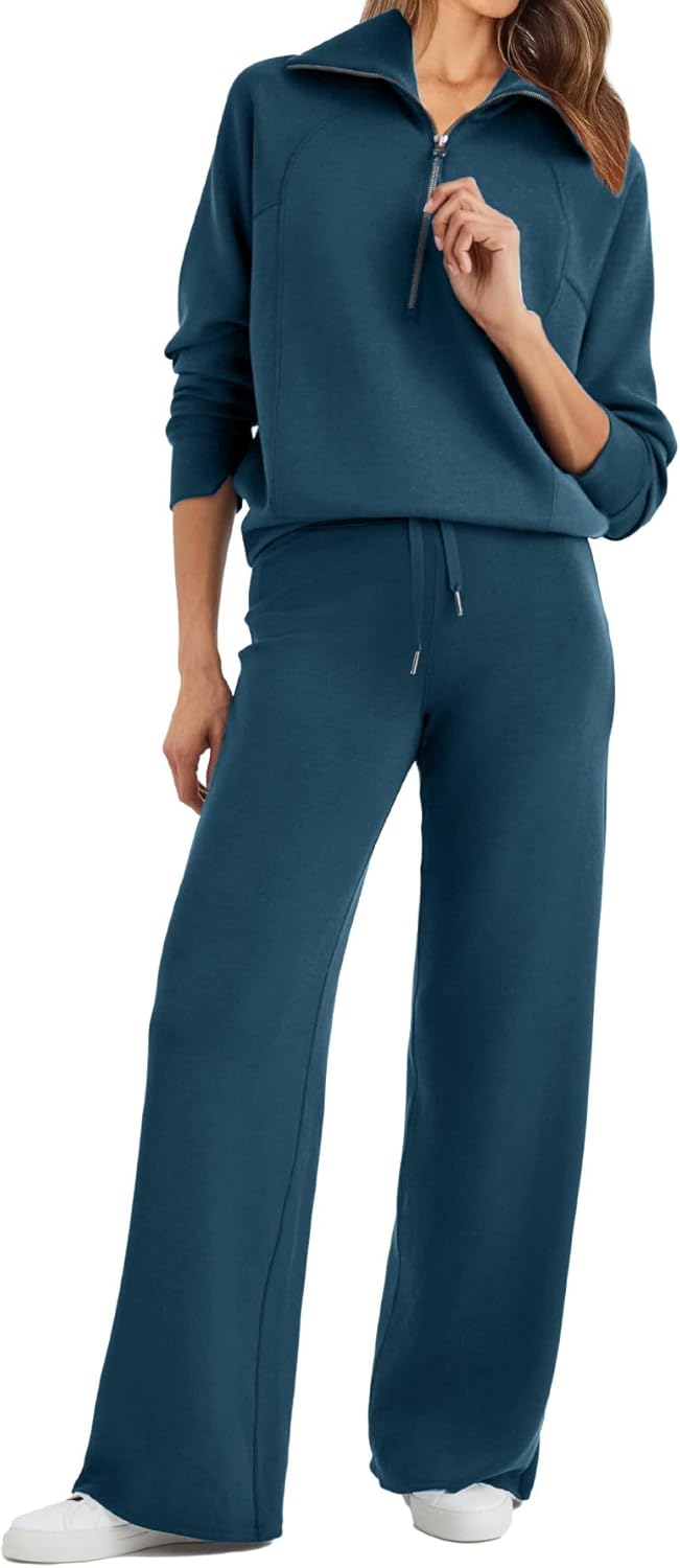Glamaker Womens 2 Piece Outfits Sweatsuit Set Oversized Half Zip Sweatshirt Wide...