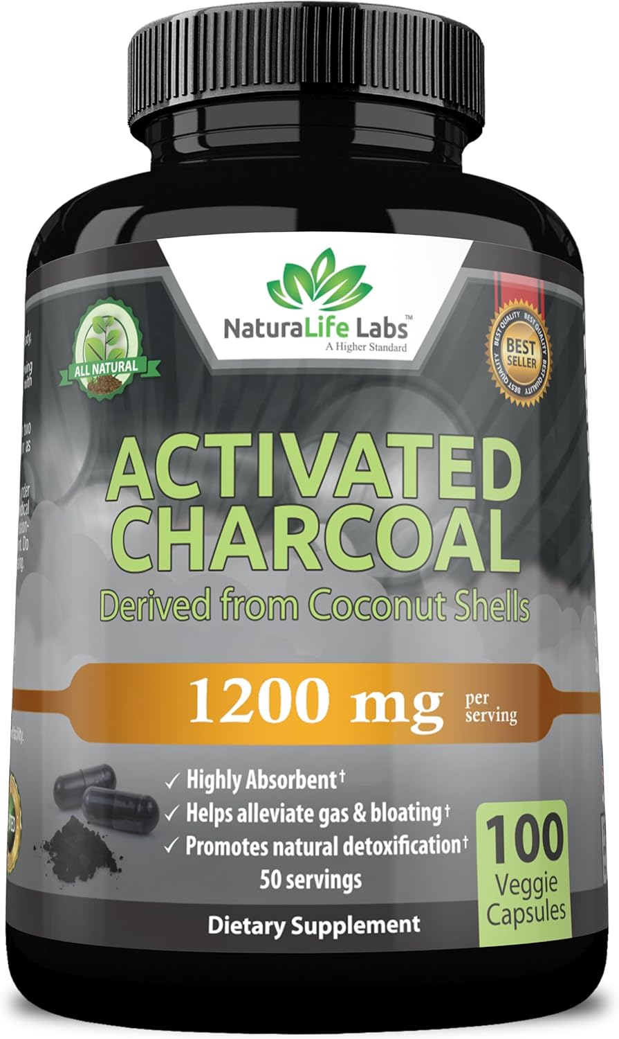 Activated Charcoal Capsules - 1,200 mg Highly Absorbent Helps Alleviate Gas & Bl...