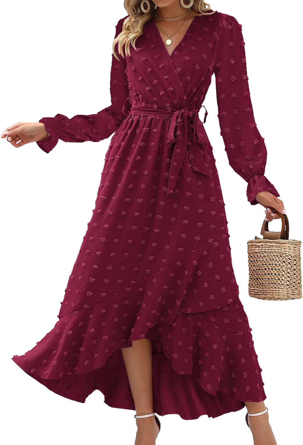 BTFBM Women's Boho Cocktail Maxi Dress 2024 Fall Fashion V Neck Swiss Dot Long S...