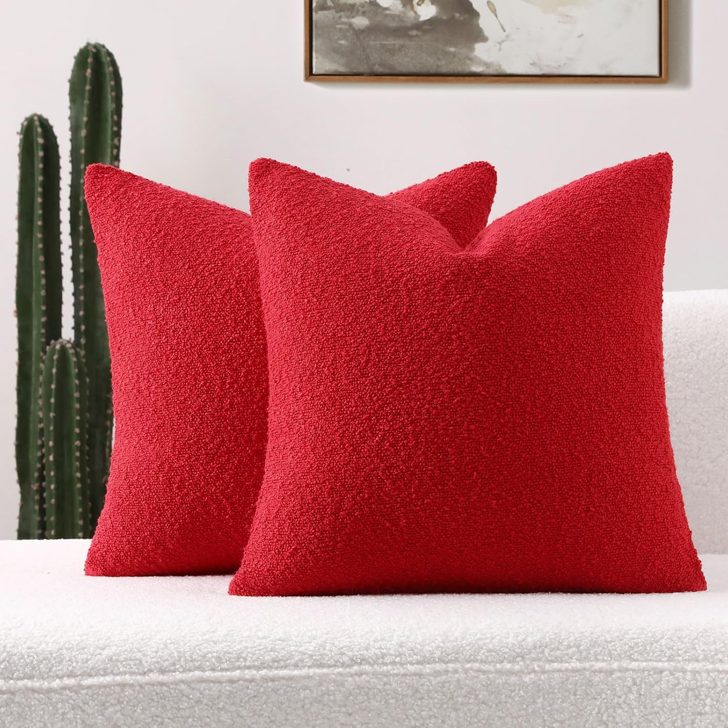 FUTEI Pack of 2 Christmas Red Boucle Accent Decorative Throw Pillow Covers,18x18...