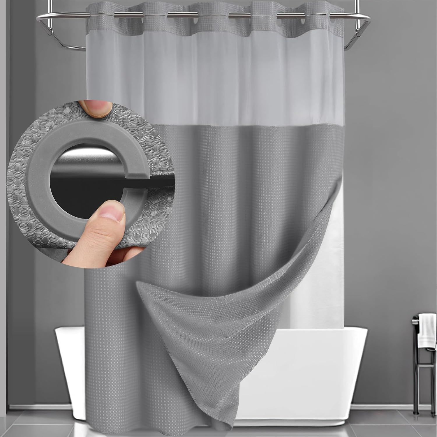 No Hook Shower Curtain with Snap in Liner Set Less Time Grey Waffle Shower Curta...