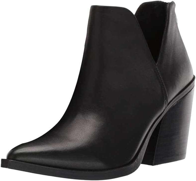 FISACE Womens Pointed Toe Stacked Mid Heel Ankle Boots V Cut Back Zipper Faux Le...