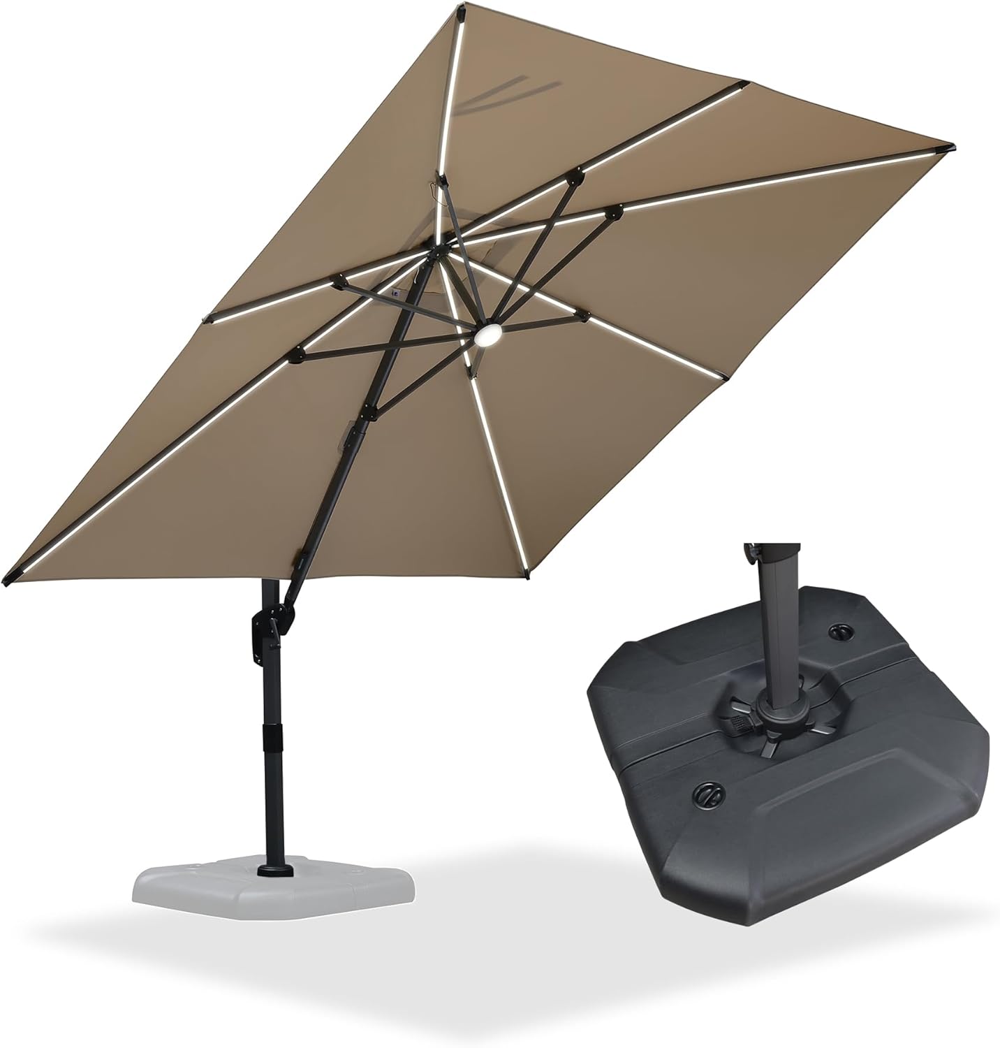 PURPLE LEAF 10 Feet Patio Umbrella with Base Outdoor Cantilever Solar Powered LE...