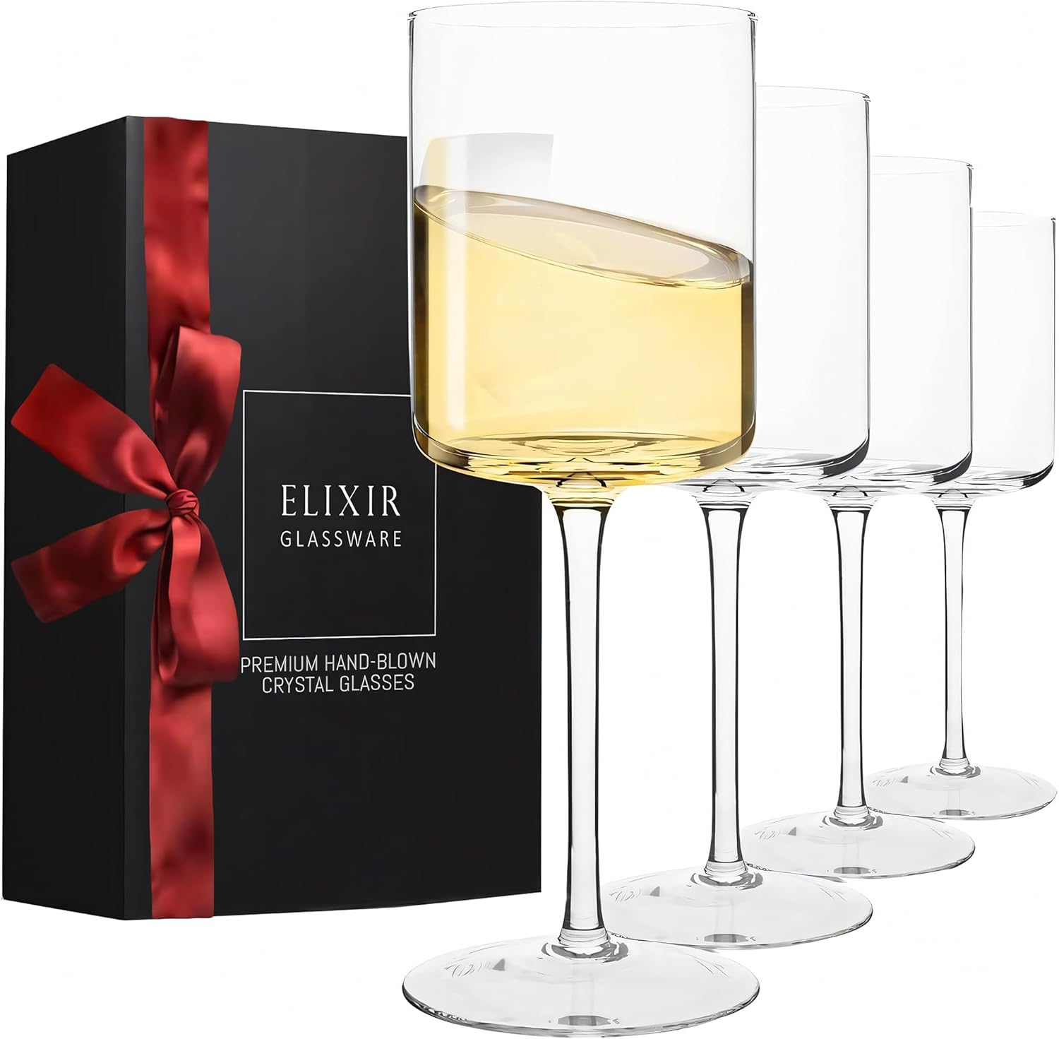 Square Wine Glasses Set of 4 - 14 oz - Crystal Wine Glass Set in Gift Packaging...