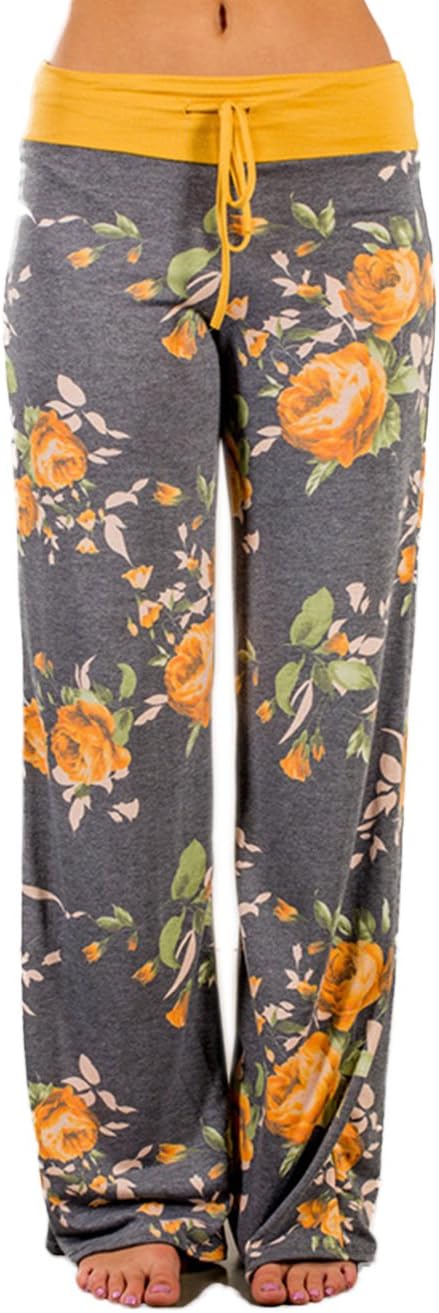 iChunhua Women's Comfy Stretch Floral Print Drawstring Palazzo Wide Leg Lounge P...