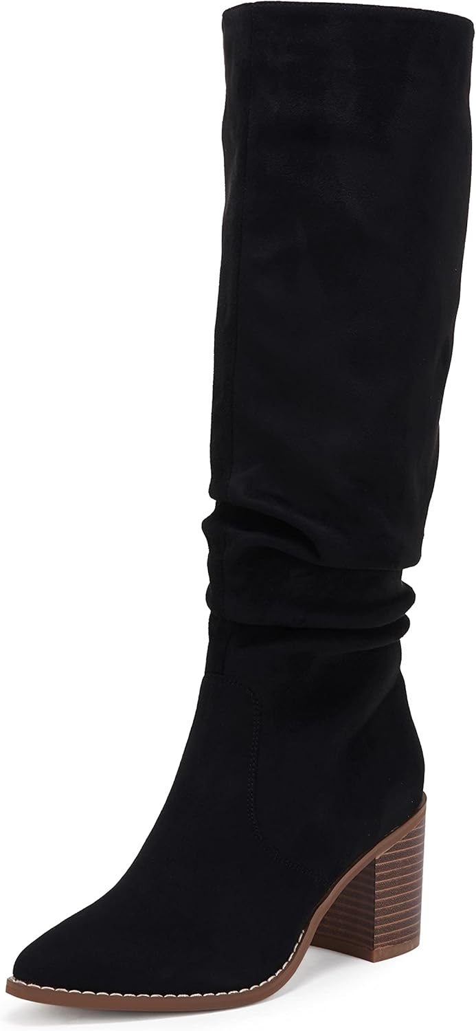Huiyuzhi Womens Pointed Toe Mid Chunky Heel Side Zipper Knee High Boots Tall Boo...