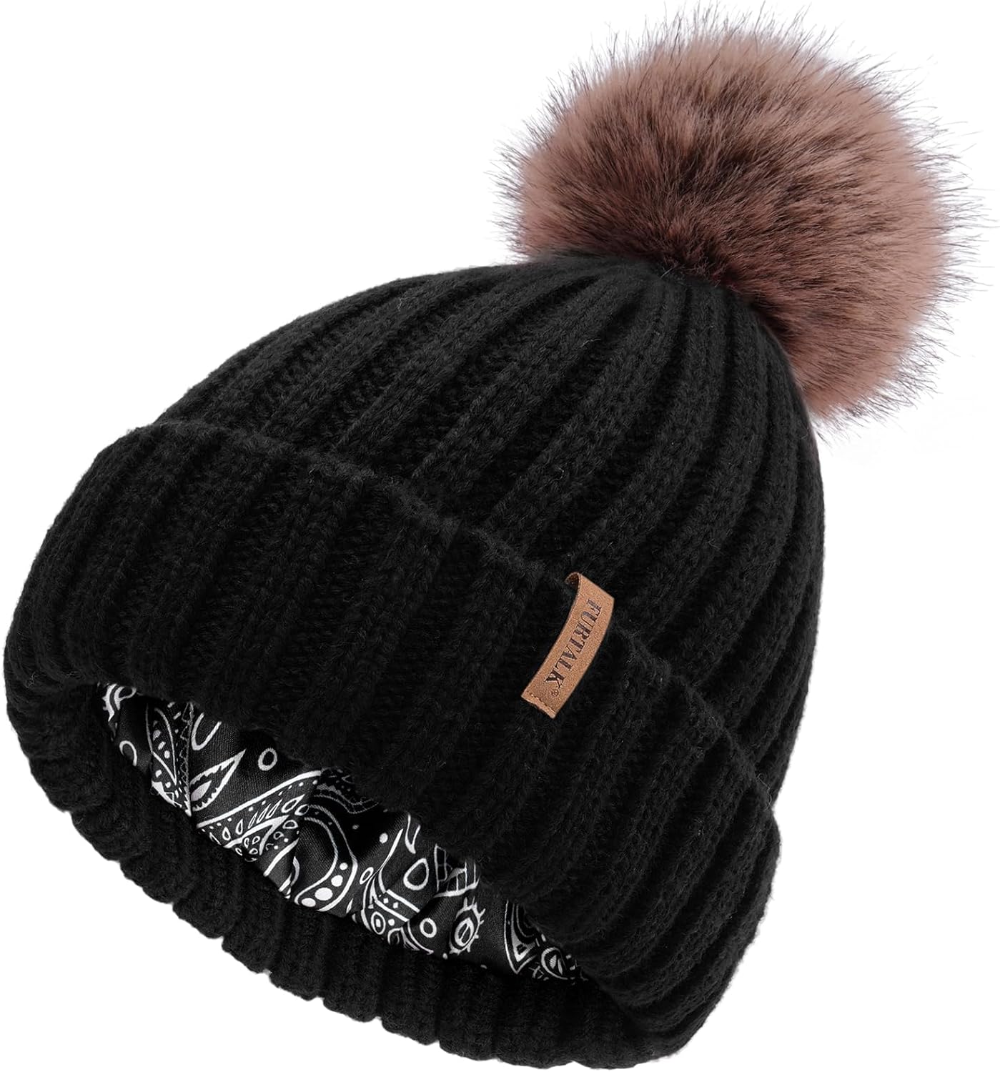 FURTALK Beanie Hats Women Satin Lined Knitted Hat Detachable Pompom Soft Feel Wi...