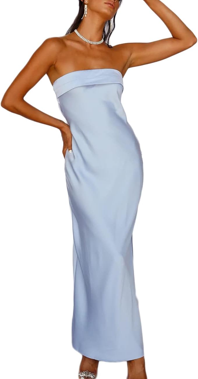 Realtix Satin Silk Backless Tube Tops Maxi Dress for Women Low Back Hollow Out E...
