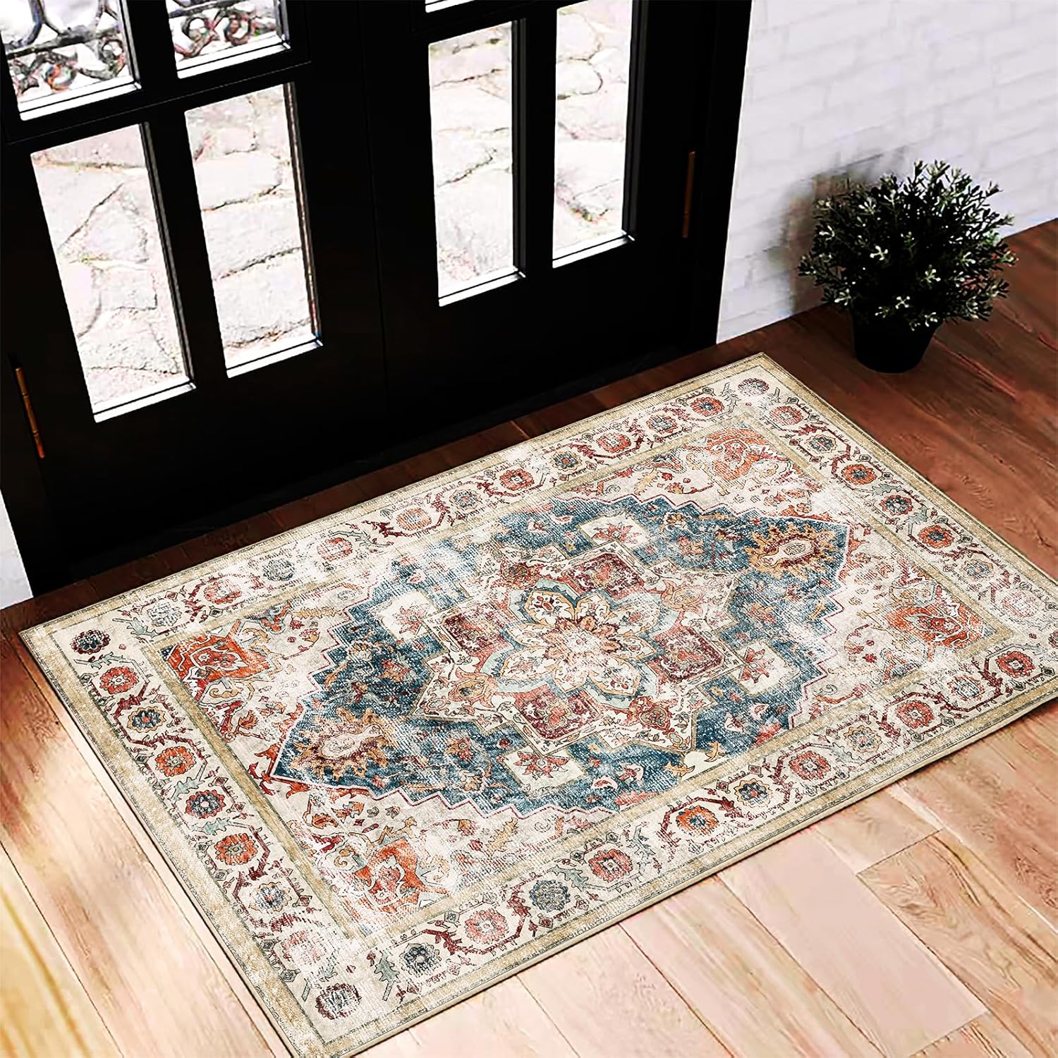 Beige Blue Area Rug 2'x3' Washable Rug Door Mat Vintage Distressed Rug Doormat I...