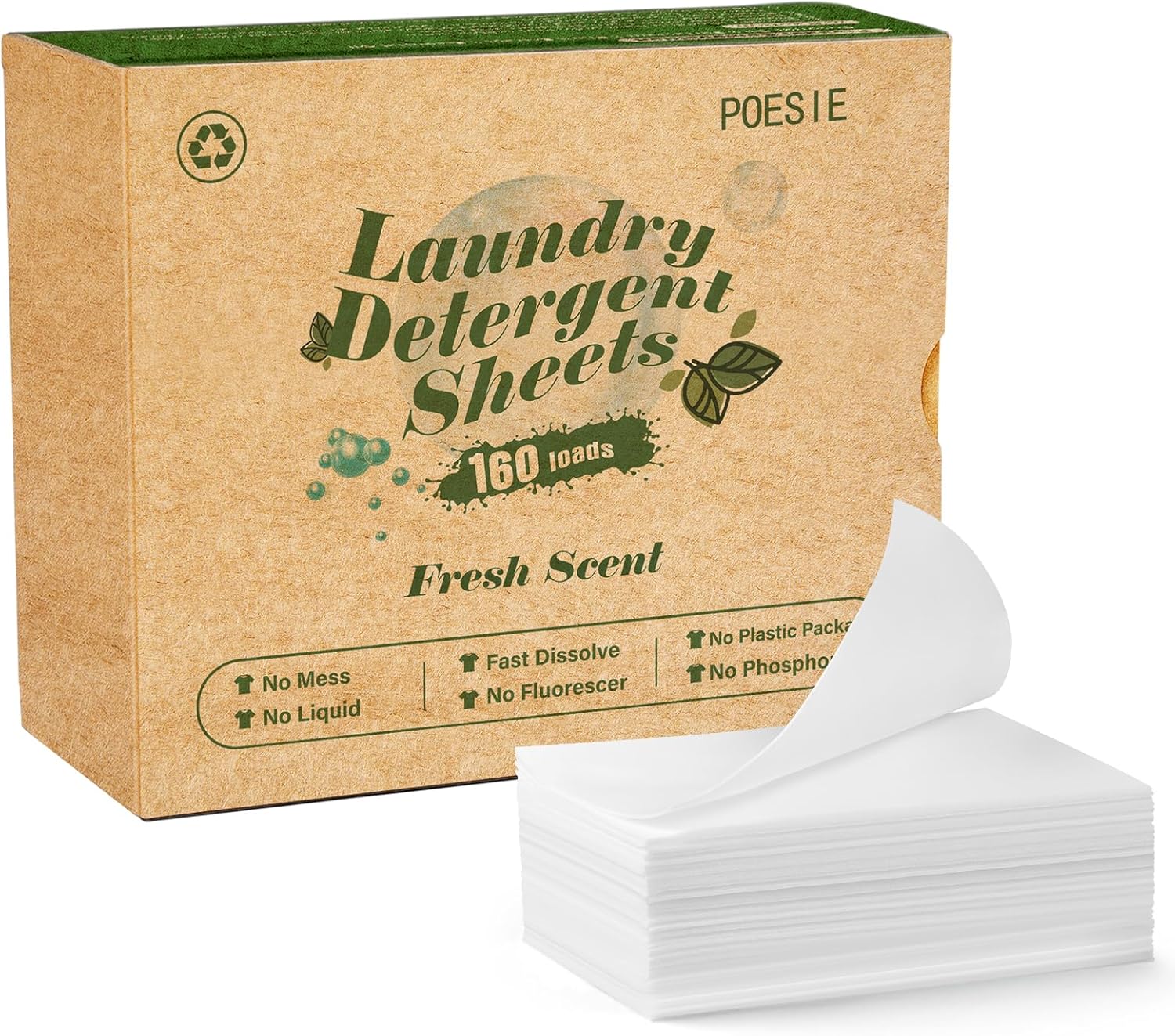 Poesie Laundry Detergent Sheets Fresh Scent 160 Sheets Clear Plastic-Free Hypoal...