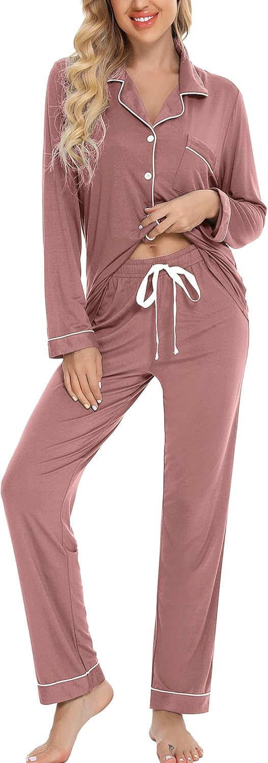 Leikar Button Up Pajama Set For Women Long Sleeve Shirt And Pajama Pants Soft Pj...
