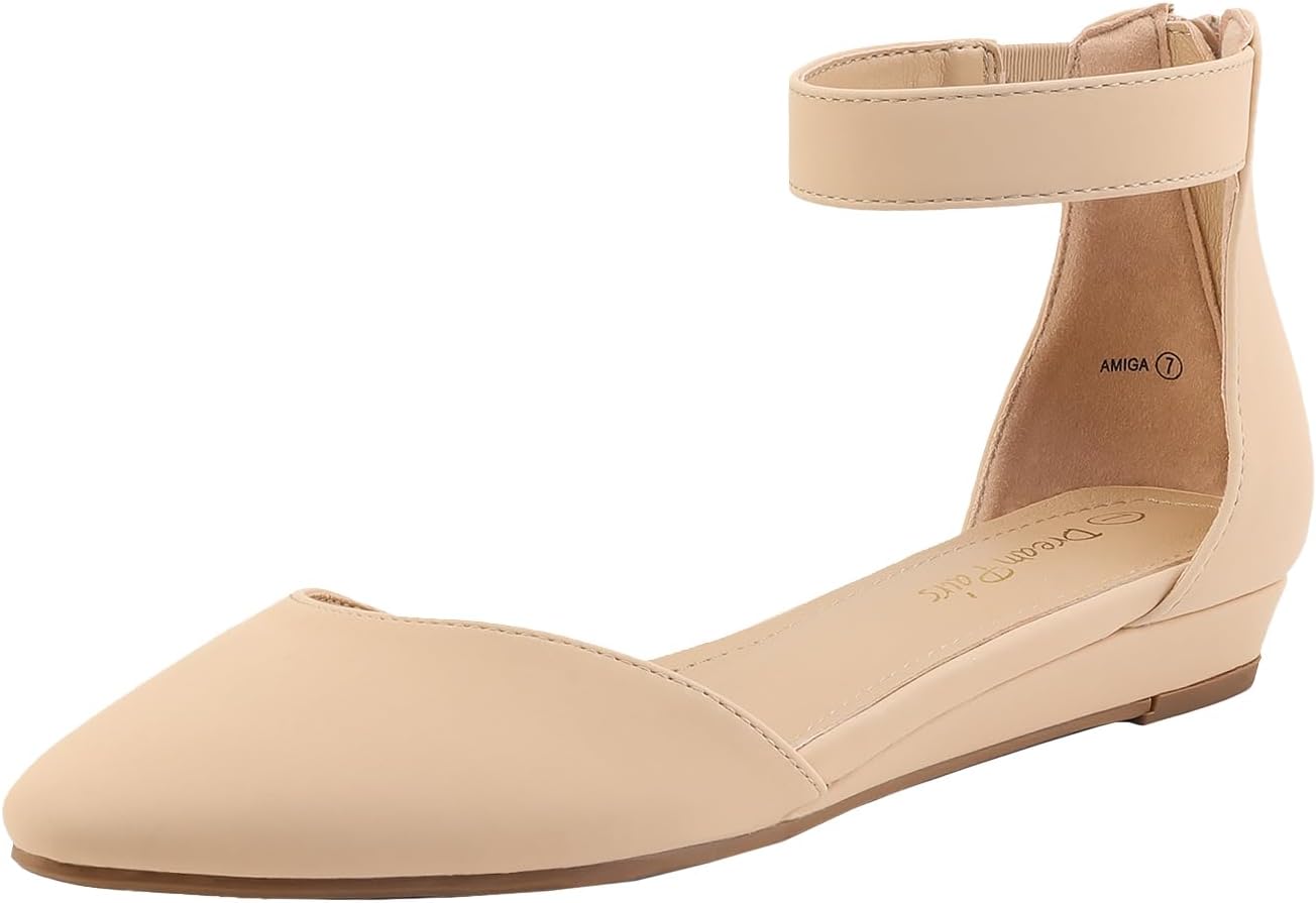 DREAM PAIRS Women's Low Wedge Ankle Strap Flats Shoes 7 Nude/Nubuck