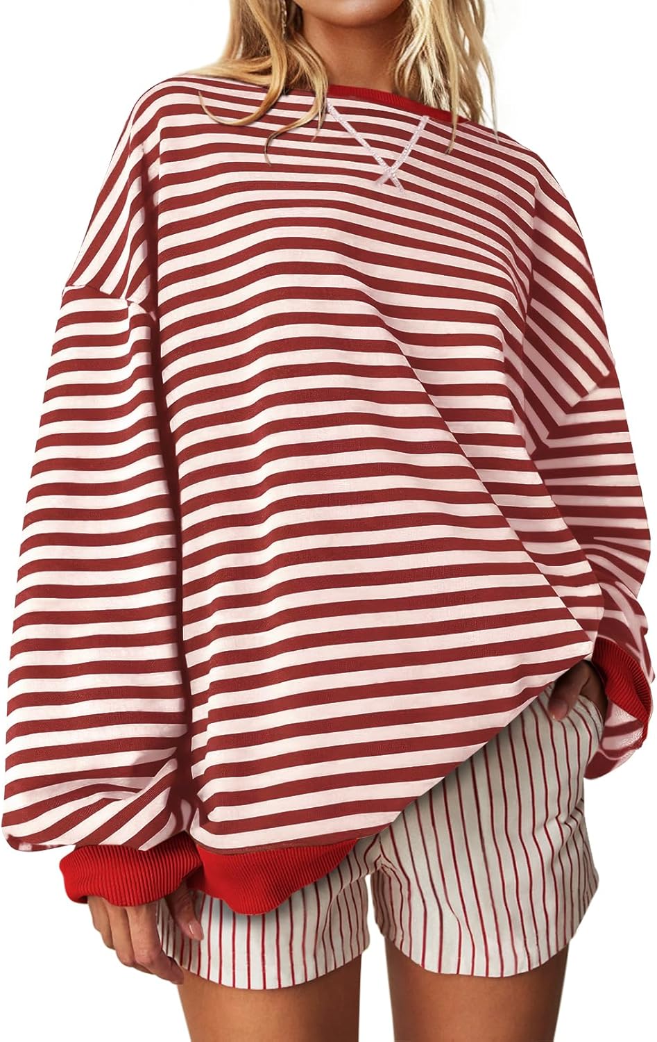 UEU Women Oversized Striped Crewneck Sweatshirt Long Sleeve Color Block Pullover...