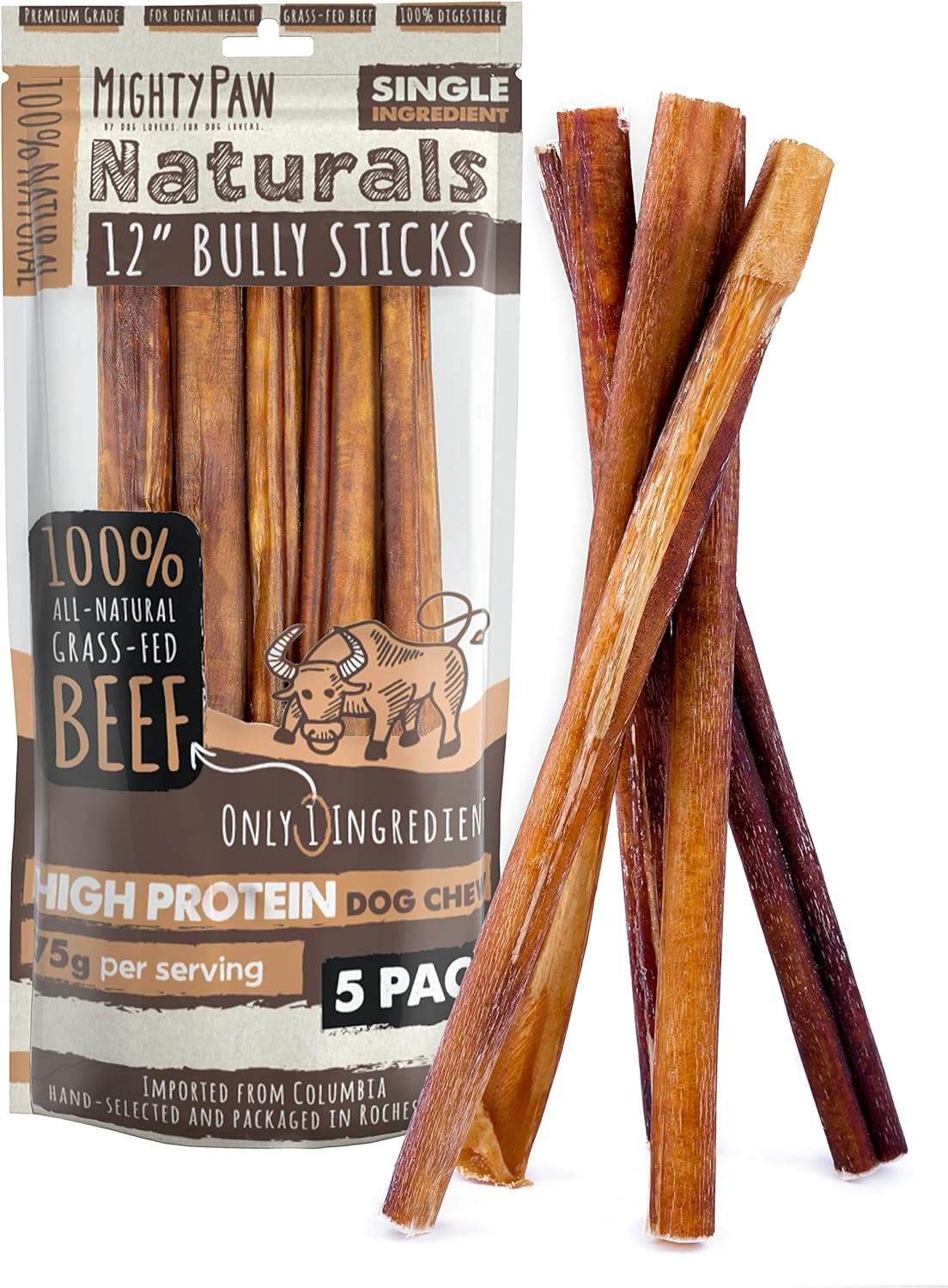Mighty Paw Naturals 12" Bully Sticks for Dogs - Grass Fed Beef Dog Chews. Dog Bu...