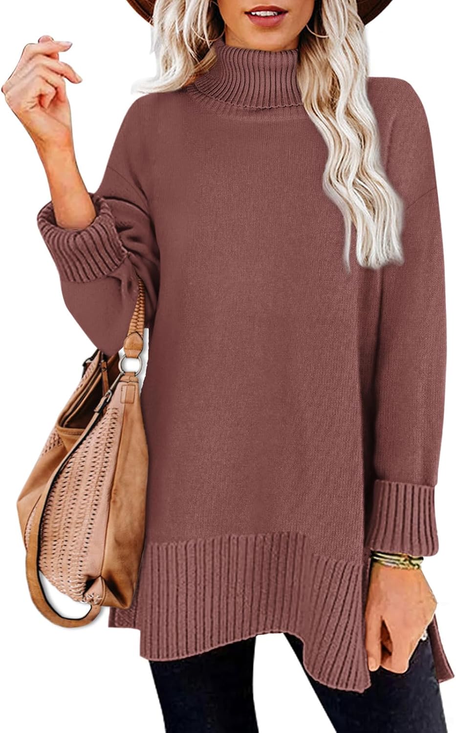 Glanzition Sweaters for Women Turtleneck Side Split Oversized Pullover Tops 12-d...
