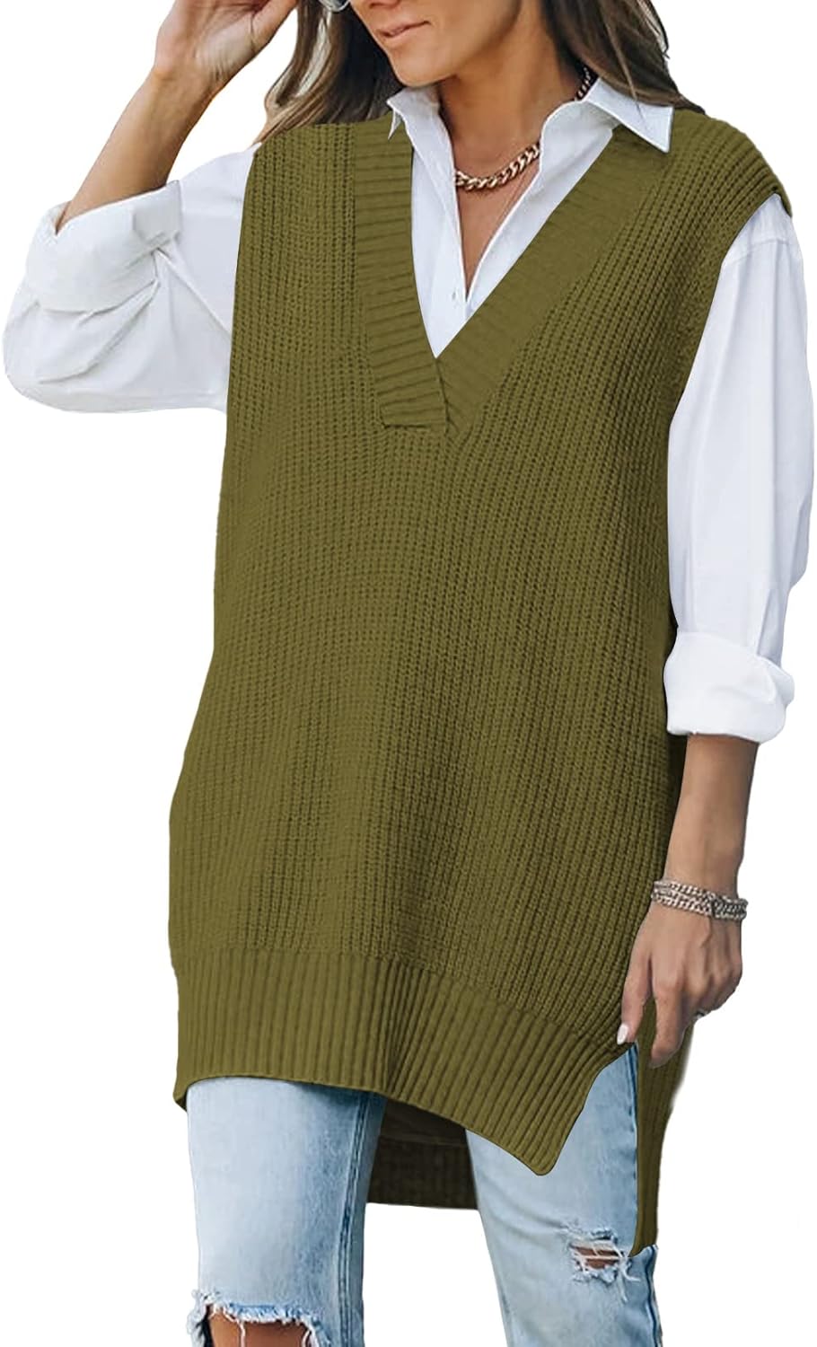 Viottiset Women's Oversized V Neck Knit Sweater, Special Tunic Sleeveless Pullov...