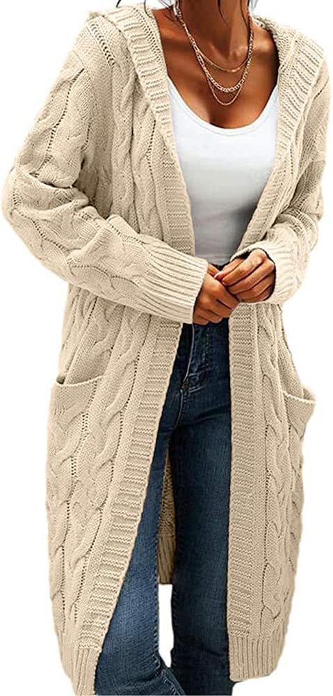 Women Hooded Open Front Cardigan Cable Knit Sweaters Solid Color Chunky Long Swe...