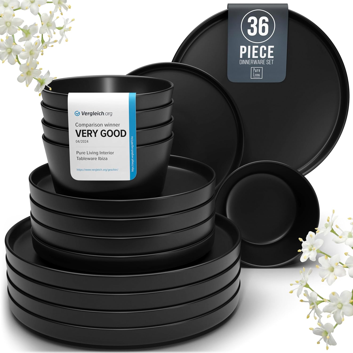 36 Piece Black Dinner Sets for 12 People - Cool Urban Style Stoneware Dinner Set...