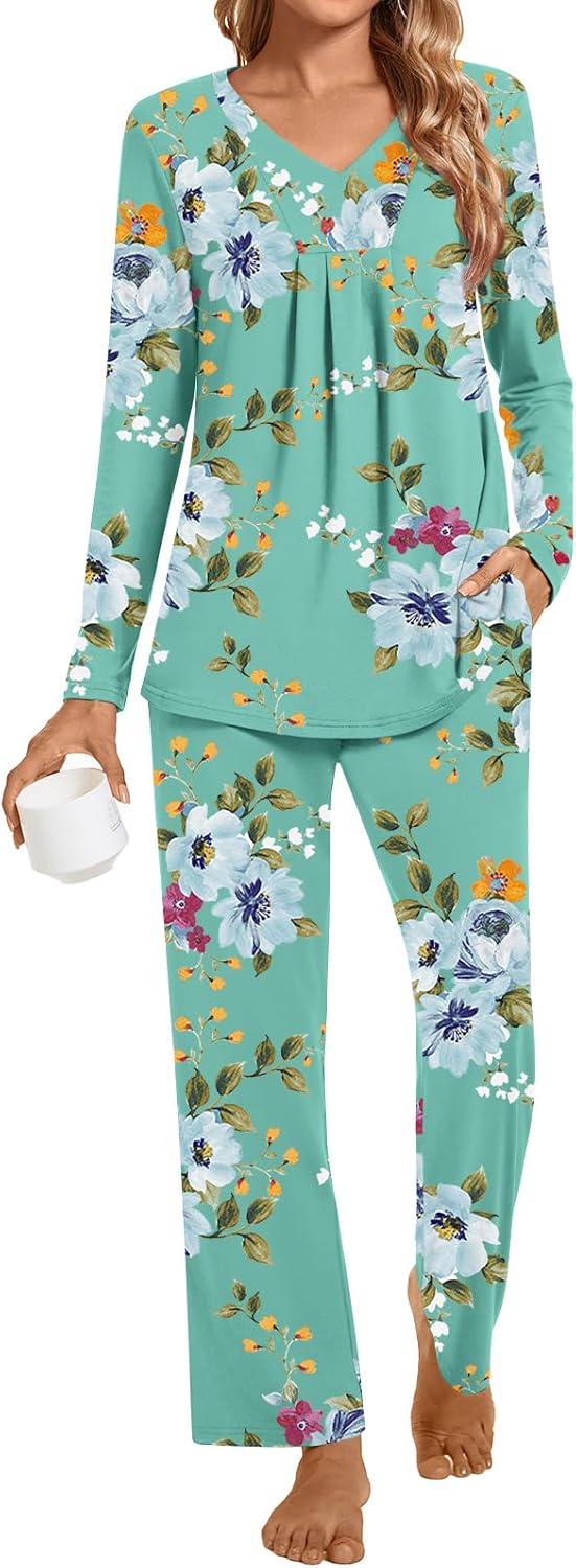 Anyhold Women's Fall 2 Piece Pajama Sets, Pleated Sleepwear Ladies Long Sleeve L...