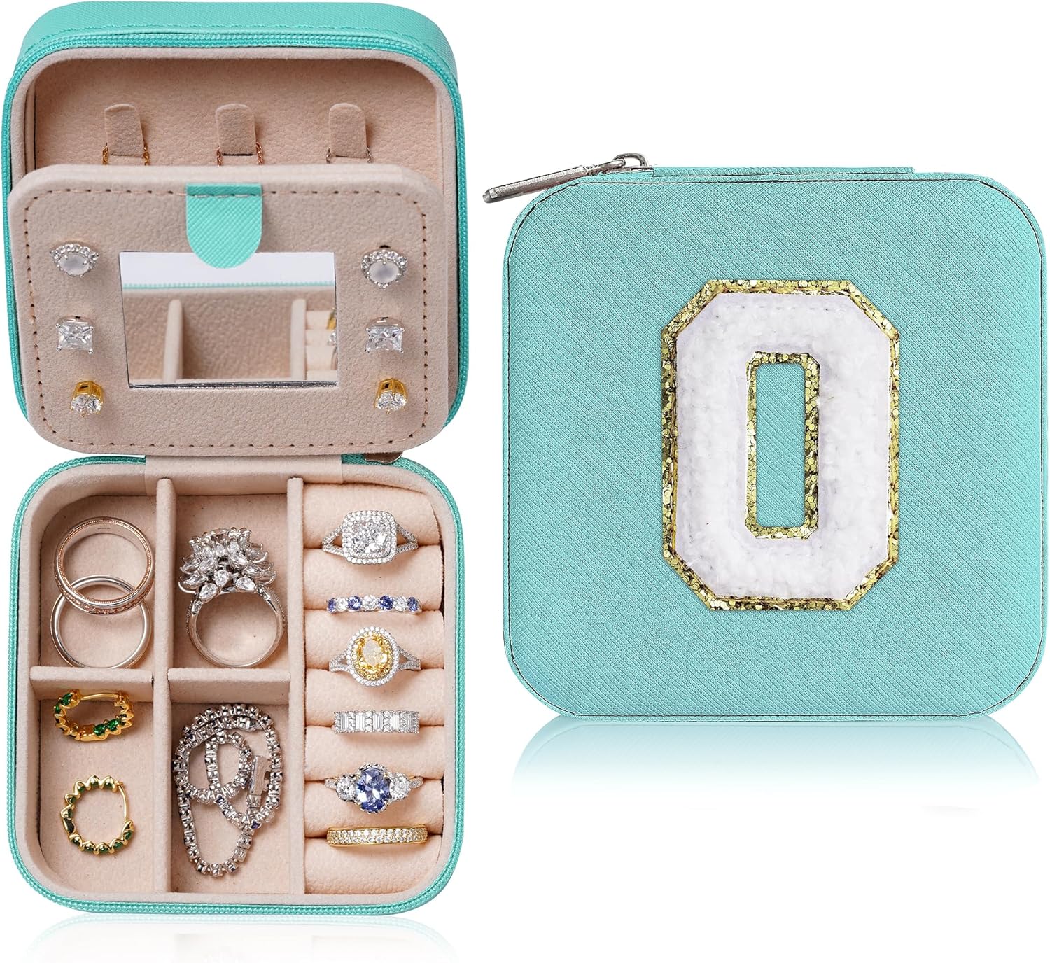 Parima Aqua Blue Jewelry Box, Small Travel Organizer with Initial, 4 Compartment...