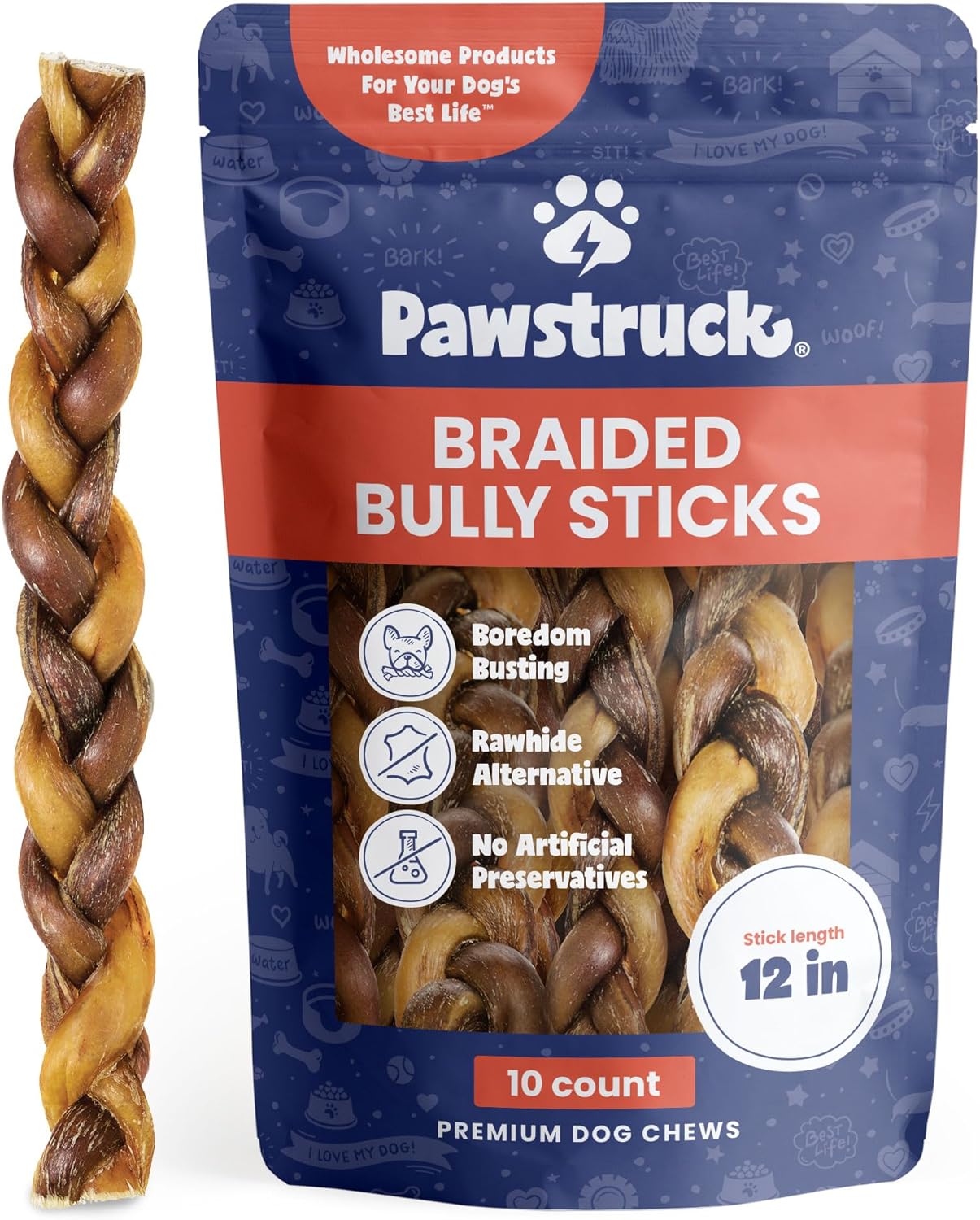 Pawstruck Natural 12” Braided Bully Sticks for Dogs - Tough Long Lasting, Rawhid...