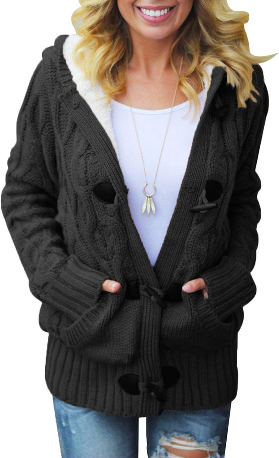 Dokotoo Womens 2024 Winter Hooded Cardigans Button Up Cable Knit Sweater Coat Ou...