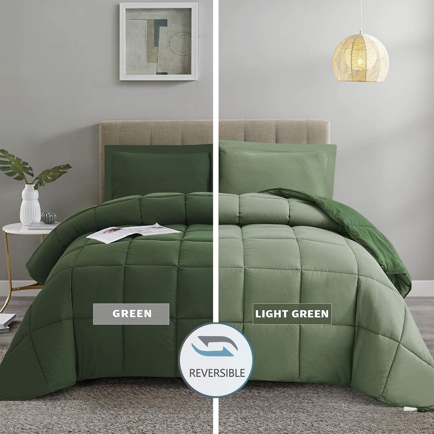 HIG 3pc Green Queen Size Comforter Set - All Season Reversible Down Alternative...