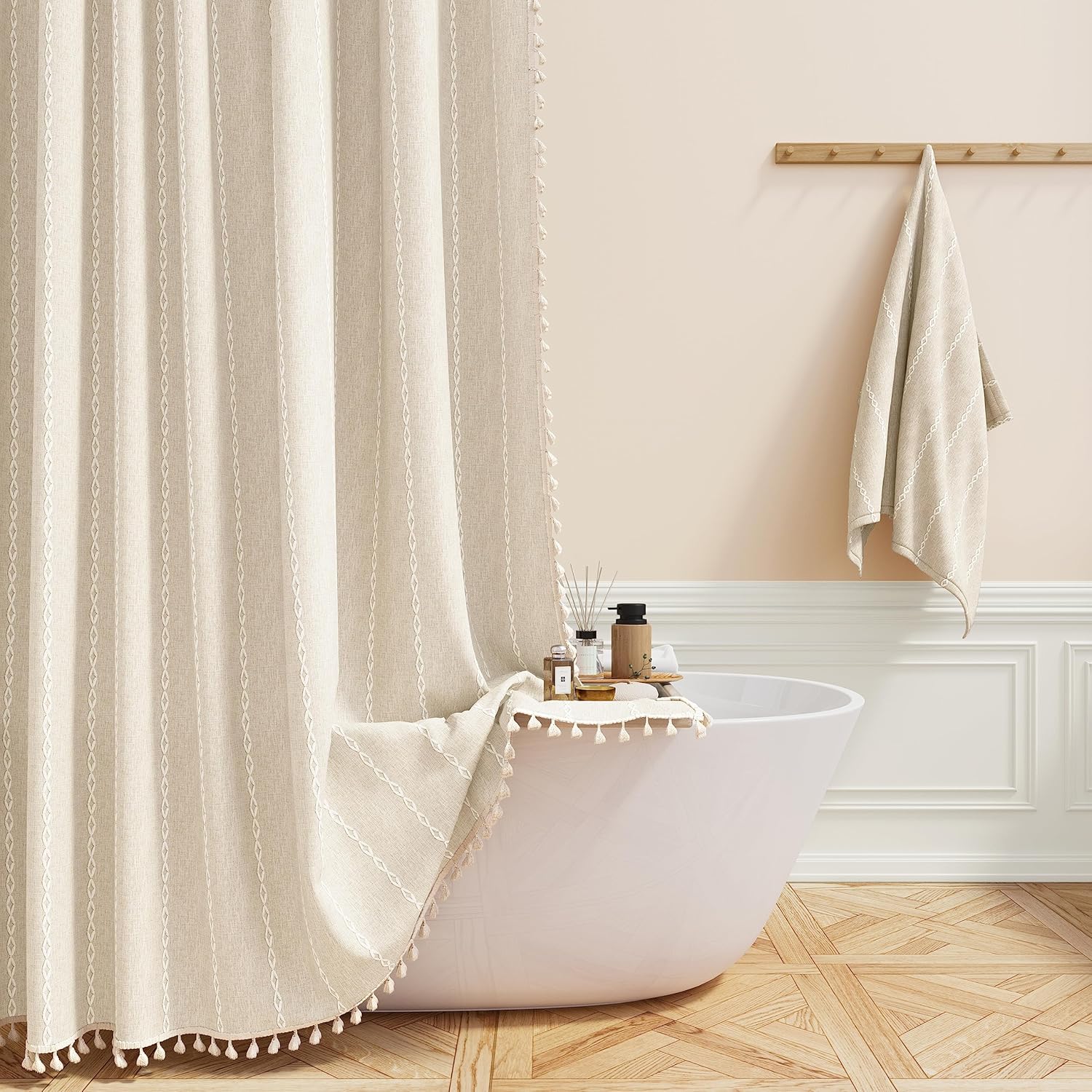 BTTN Boho Farmhouse Shower Curtain, Linen Rustic Weighted Striped Cloth Shower C...