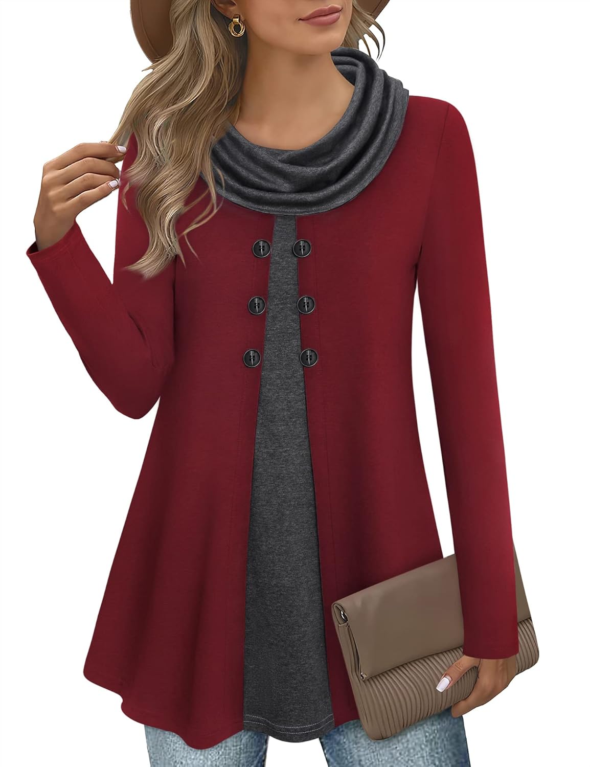 Bebonnie Womens Long Sleeve Cowl Neck Warm Splicing Tunic Tops with Buttons Wine...