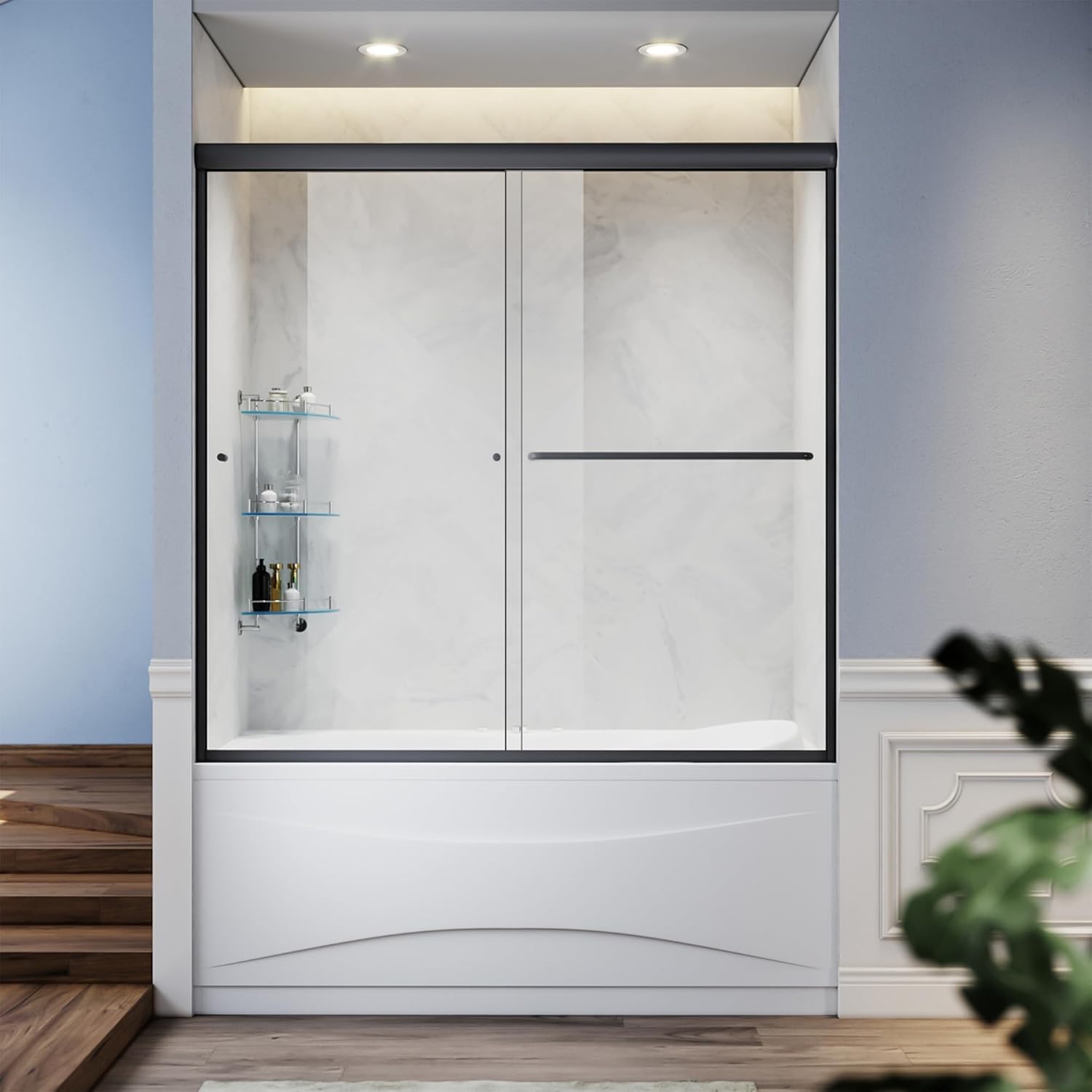 SUNNY SHOWER Bathtub Shower Door Glass Sliding Tub Door Semi-Frameless 1/4" Clea...
