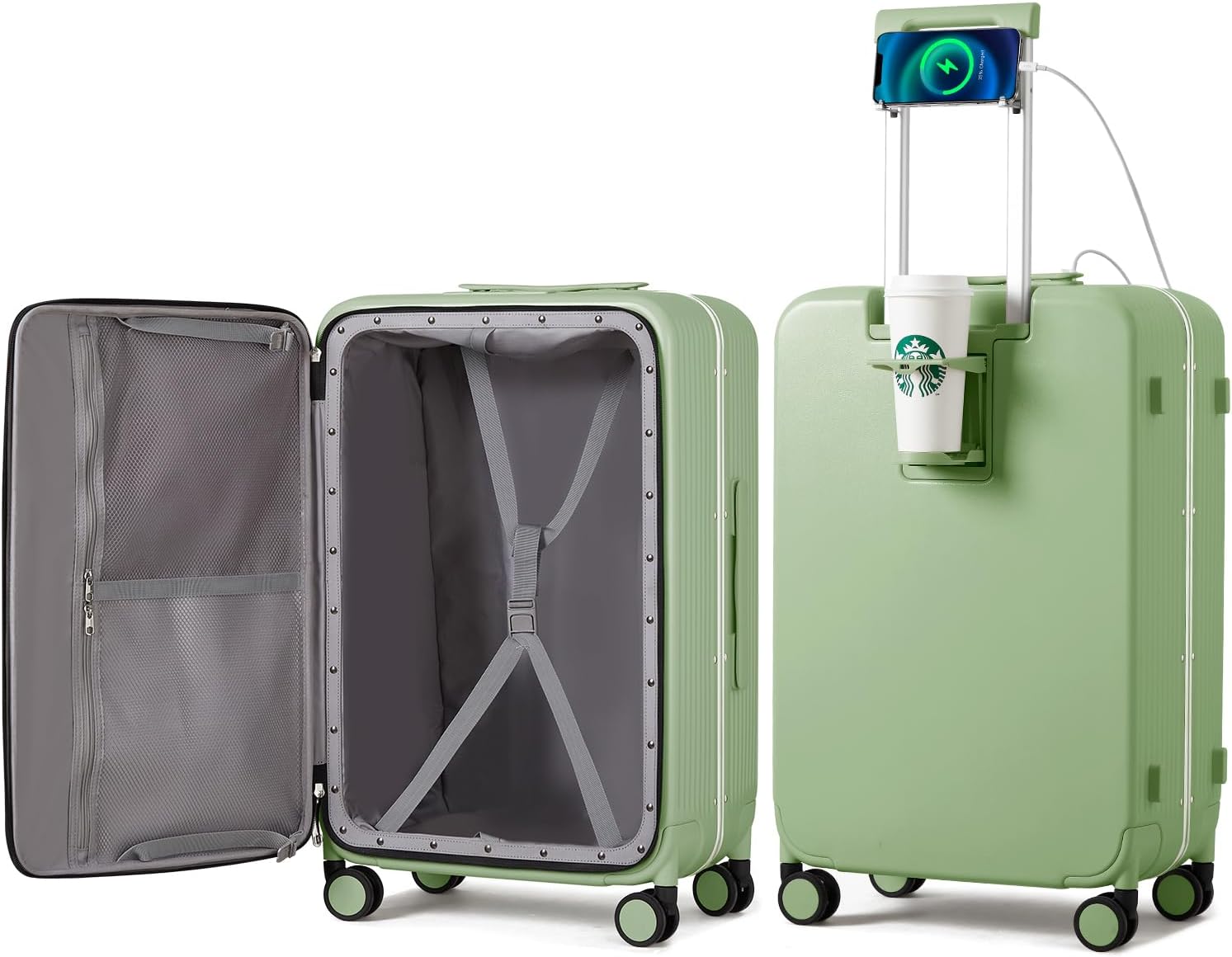 mixi Checked Luggage with Cup Phone Holder and Charger Hard Shell Suitcases with...