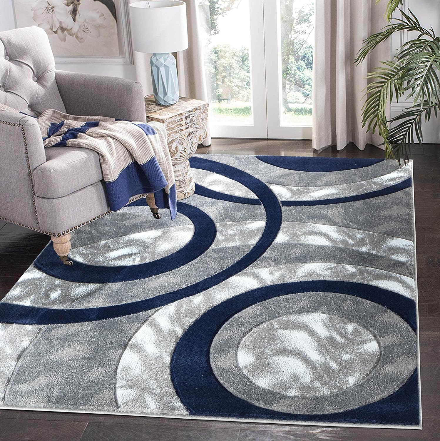 GLORY RUGS Area Rug Modern 8x10 Navy Circles Geometry Soft Hand Carved Contempor...