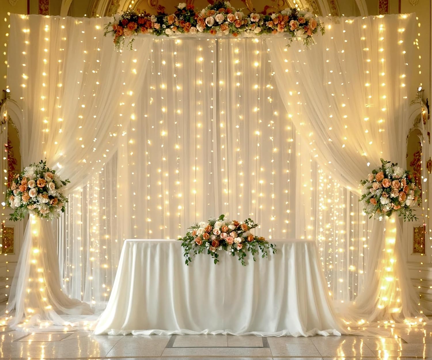 Champagne Sheer Backdrop Curtain with Lights String for Parites Wedding 60×10ft...