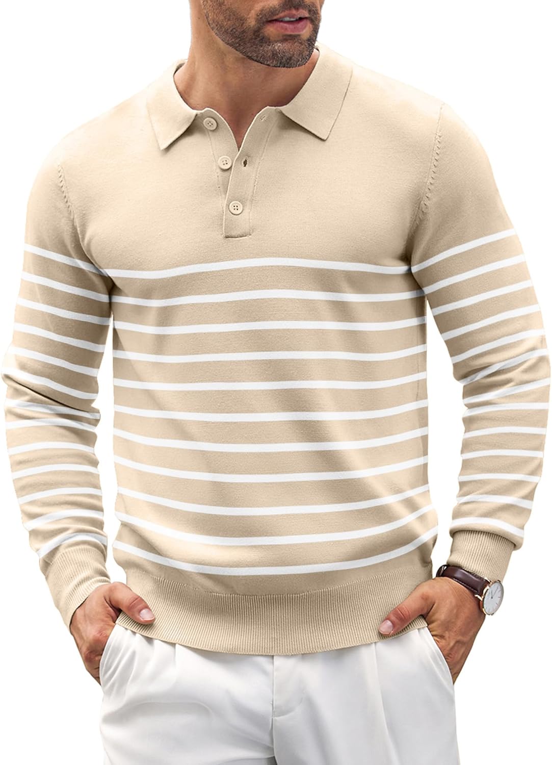 COOFANDY Mens Knit Polo Shirts Casual Long Sleeve Classic Polo Shirts Button Dow...