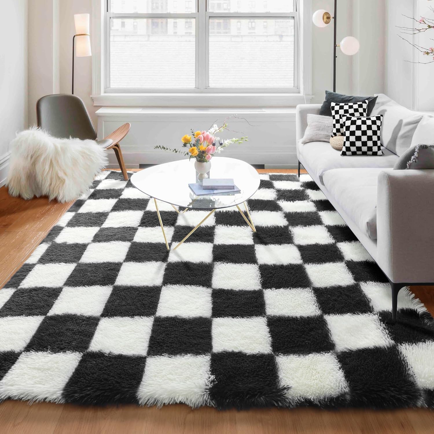KICMOR 5x7 Rug for Living Room Bedroom, Fluffy Black and White Area Rug Fuzzy Sh...