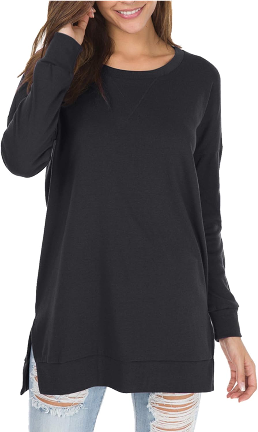 levaca Women's Fall Long Sleeve Side Split Loose Blouses Casual Pullover Tunic T...