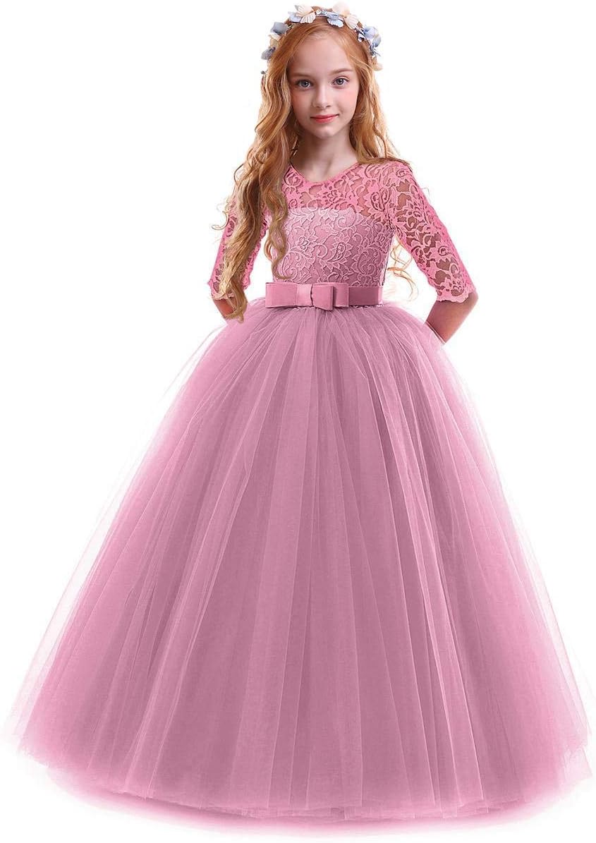 Girls Flower Vintage Floral Lace 3/4 Sleeves Floor Length Dress Wedding Party Ev...