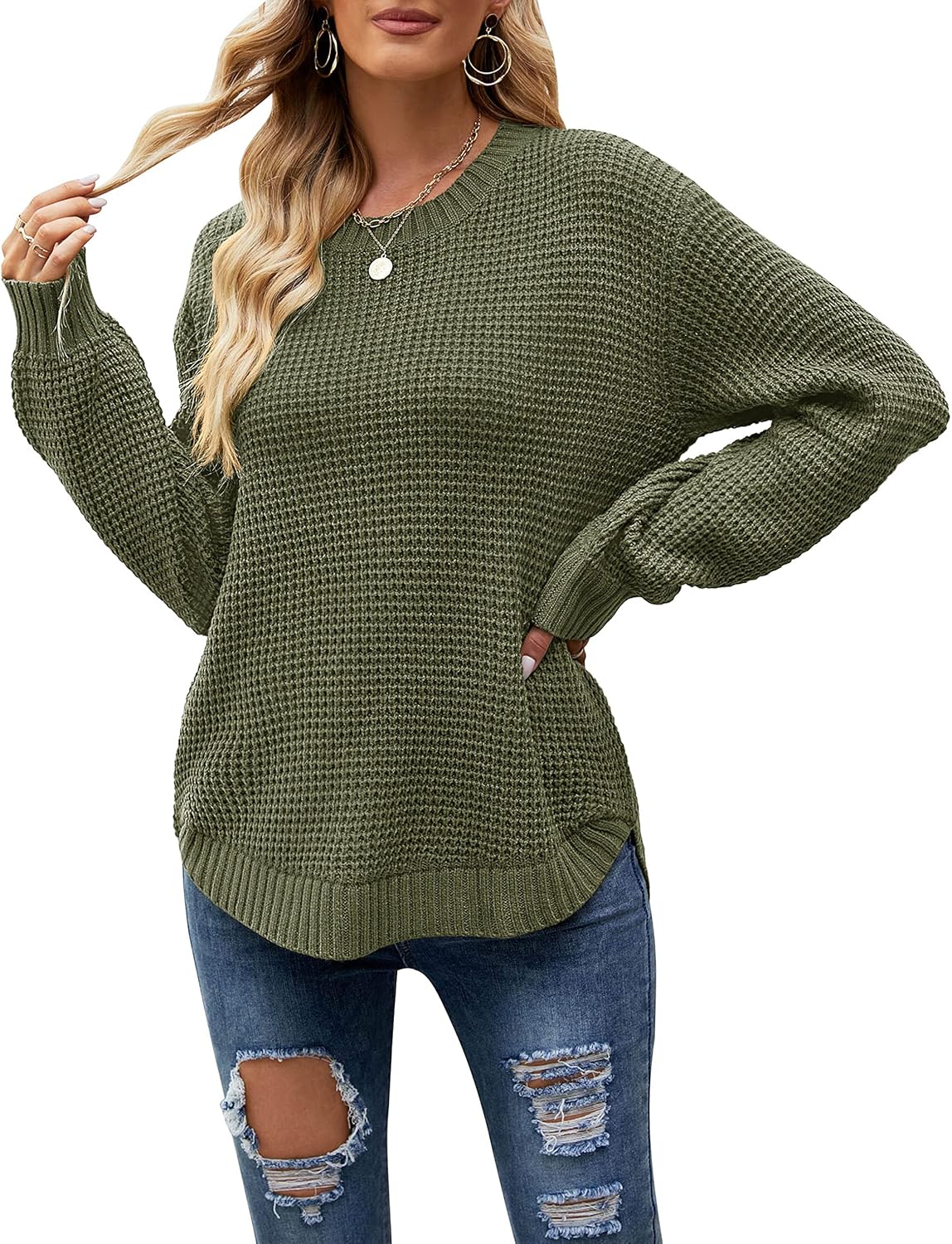 MEROKEETY Women's 2024 Fall Casual Fall Waffle Knit Sweater Long Balloon Sleeve...